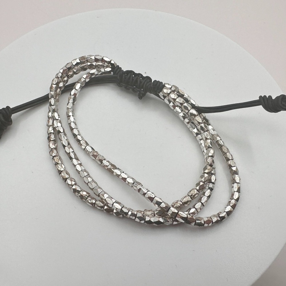 Vintage‎ Y2K Silver Tone Multi Strand Black Cord Beaded Bracelet Women's Jewelry